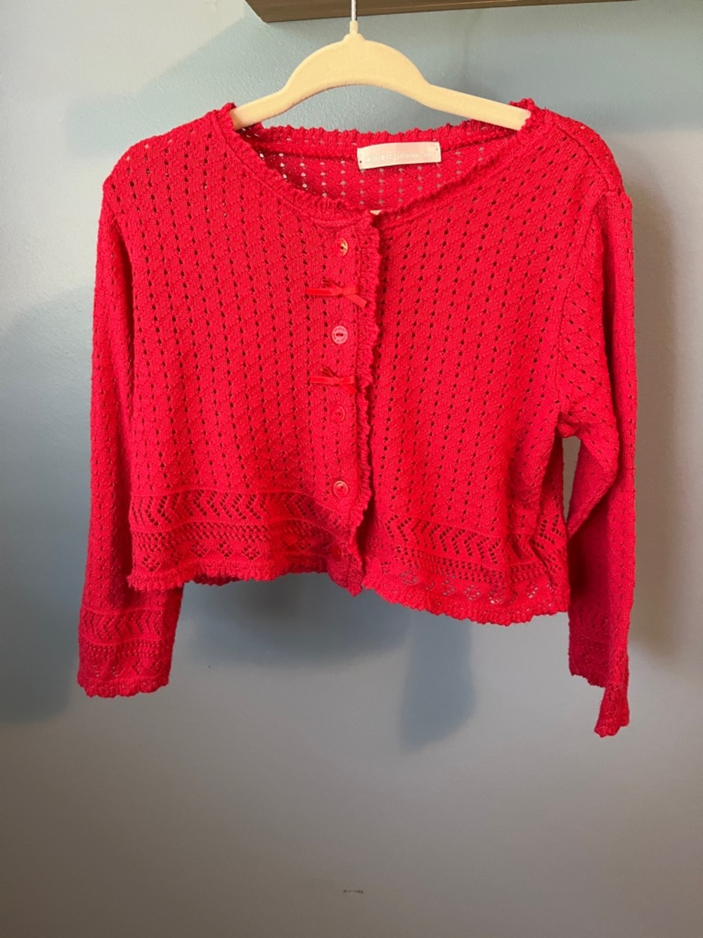 bebe Red Open-Knit Cropped Cardigan